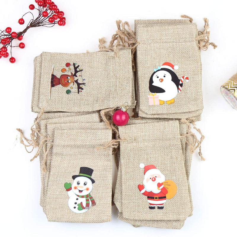 CCINEE 36pc Christmas Linen Bags with Drawstrings Christmas Burlap Goody Gift Bags with Double Jute Drawstrings, 4 designs Snowman, Santa Claus, Penguin and Elk 36 pcs - NewNest Australia