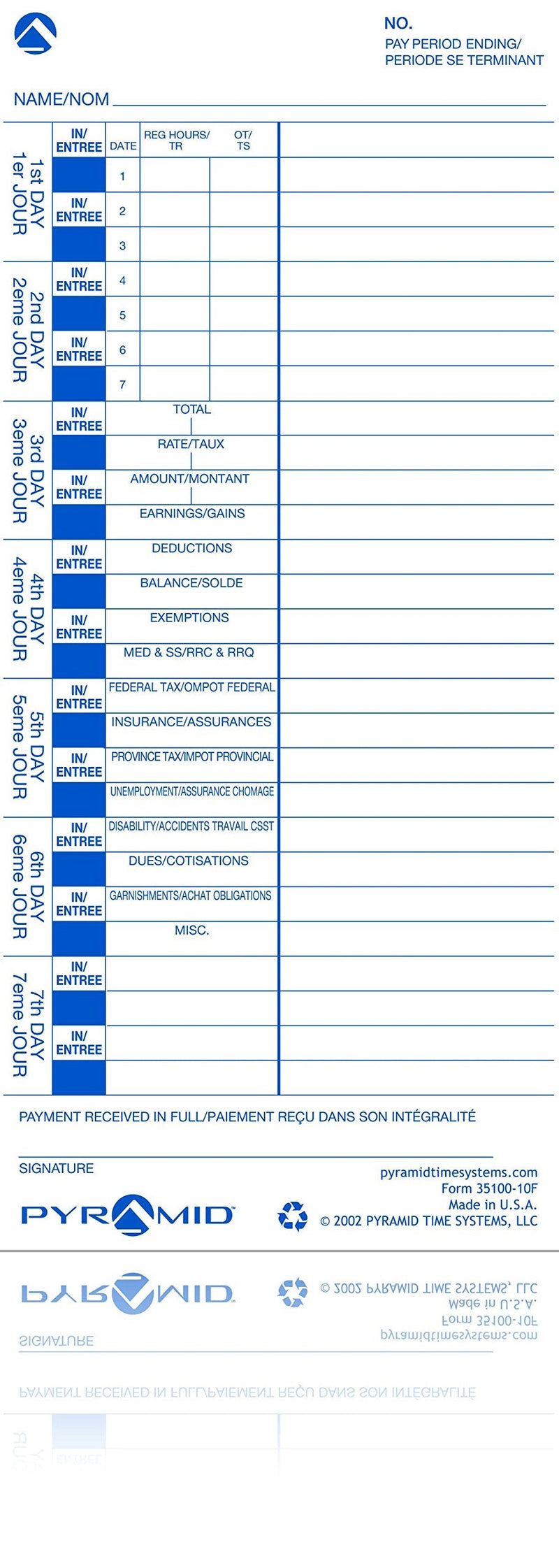 Pyramid English/French Genuine Time Cards for 3500, 3550SS, 3600SS and 3700 Clocks, 35100-10F (Pack of 100) - NewNest Australia