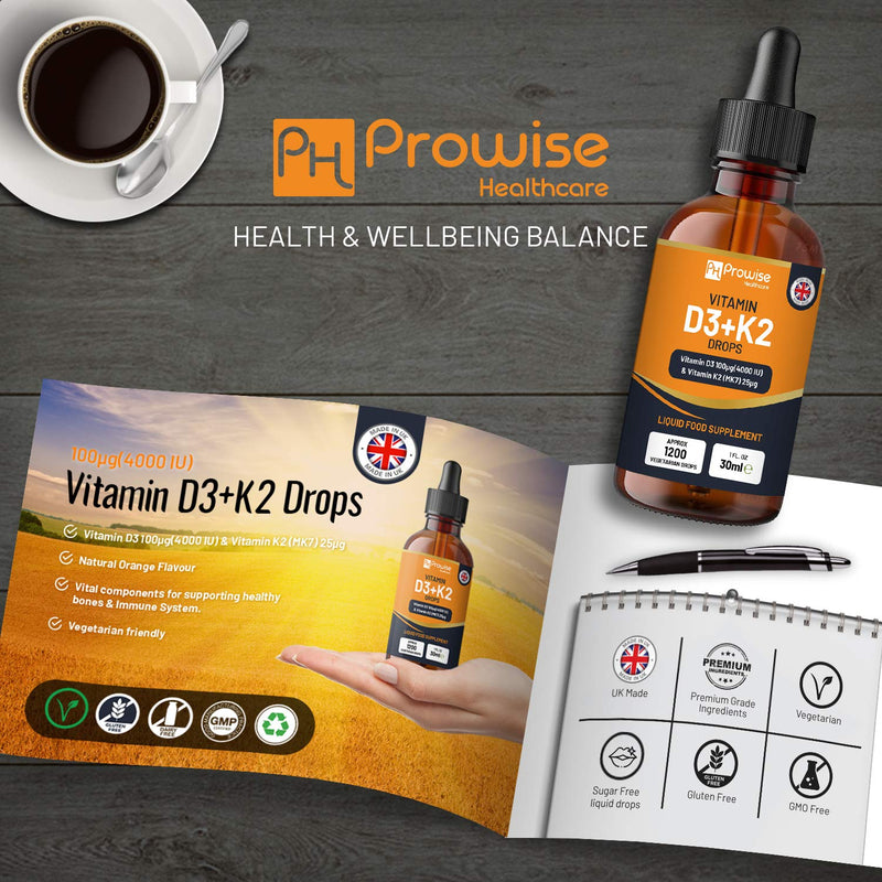 Vitamin D3 4000iu + K2 MK7 25µg I Orange Liquid Drops I High Strength 4000iu D3 + 25µg K2- 30ml Bottle I Fast Absorption I 1200 Vegetarian Drops - Made in UK by Prowise Healthcare - NewNest Australia