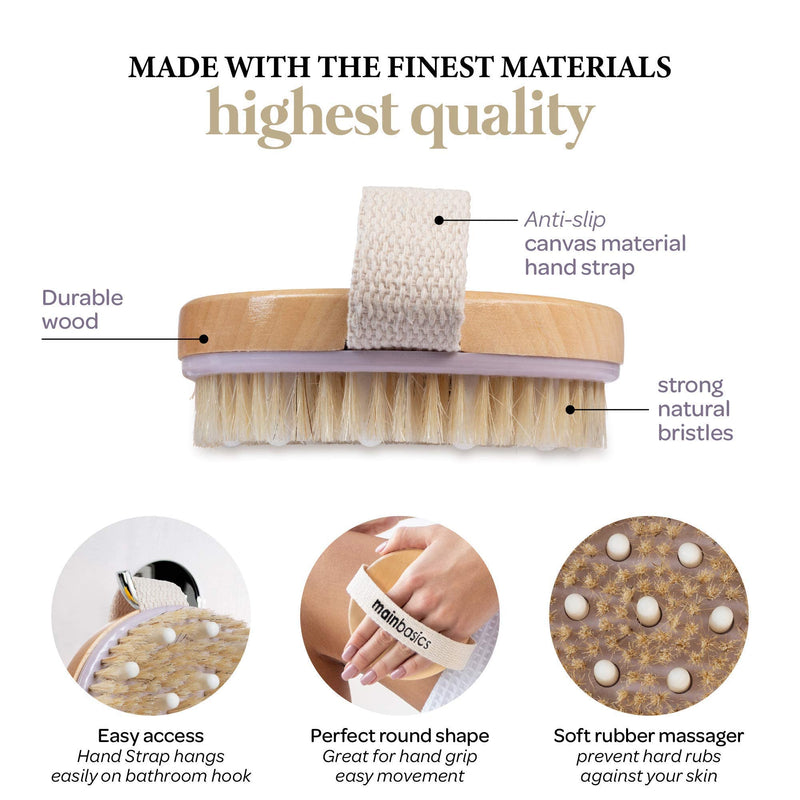MainBasics Natural Bristle Dry Body Brush Exfoliating Body Scrubber with Massage Nodules for Dry Skin, Cellulite and Lymphatic Drainage - NewNest Australia