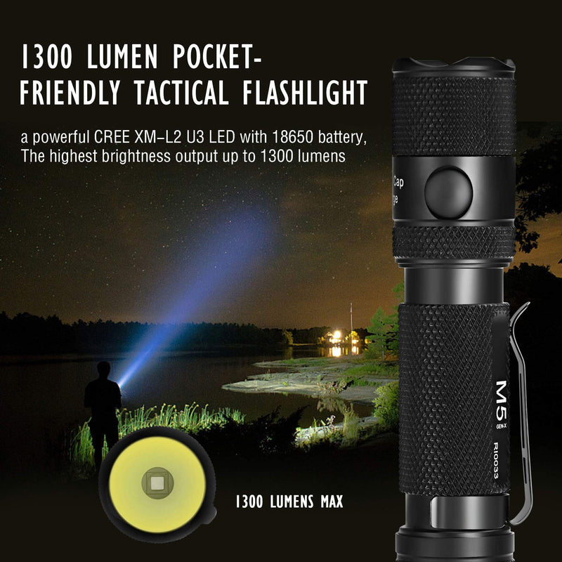 PowerTac M5 Tactical Flashlight, 1300 Lumens LED Flashlight, CREE XM-L2 U3 Flashlights High Lumens, Rechargeable Flashlight with USB Magnetic Charging Cable & 18650 Battery (Holster included) - NewNest Australia