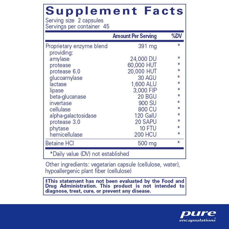 Pure Encapsulations Digestive Enzymes Ultra with Betaine HCl | Vegetarian Digestive Enzymes to Support Protein, Carbohydrate, Fat, Fiber, and Dairy Digestion* | 90 Capsules 90 Count (Pack of 1) - NewNest Australia