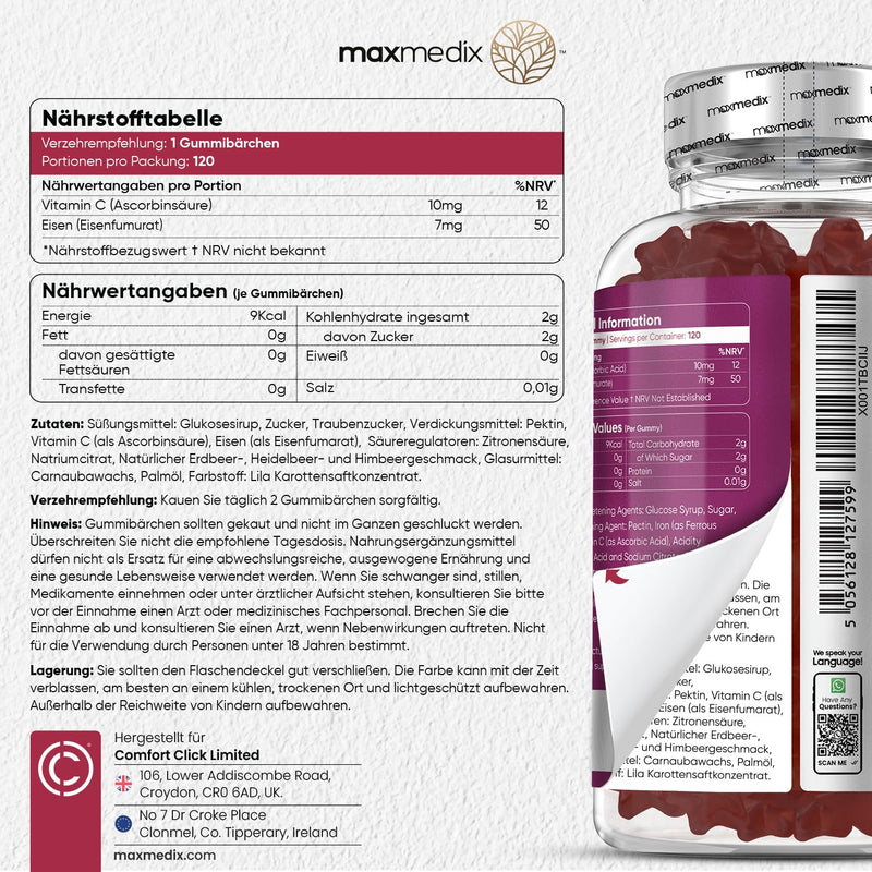 Iron & Vitamin C for Children - 7mg Iron - 4 Month Supply - Increase Iron Absorption with 10mg Vitamin C - Vegan Gummy Bears with Berry Flavor - Immune System, Bones, Teeth & Growth - maxmedix - NewNest Australia