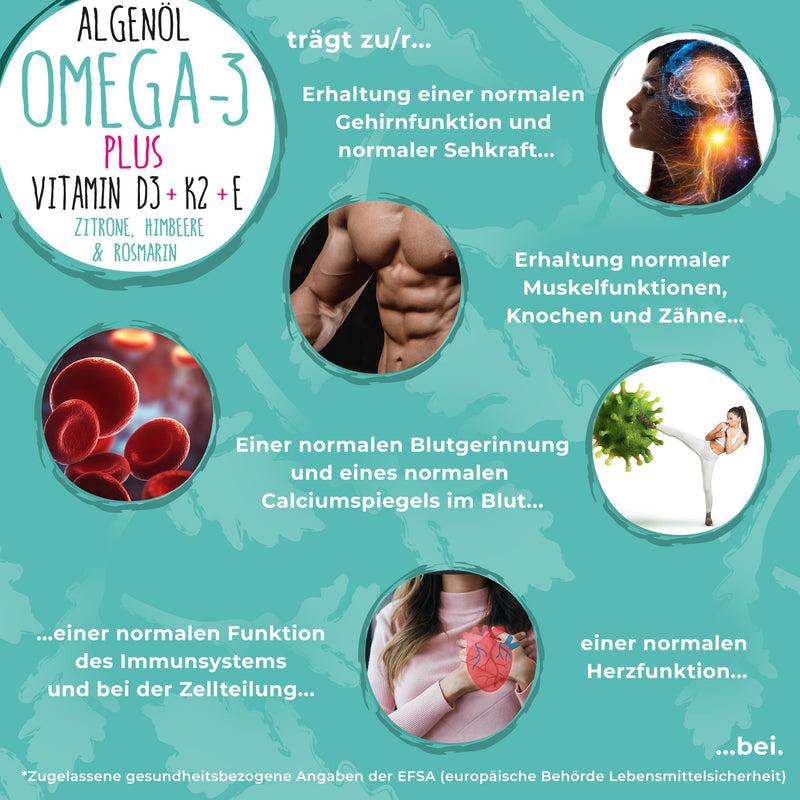 Omega-3 algae oil PLUS - 40% DHA and 20% EPA with vitamin D3 + K2 + E - raspberry, lemon and rosemary extract - vegan (20ml = 4 month supply) - NewNest Australia