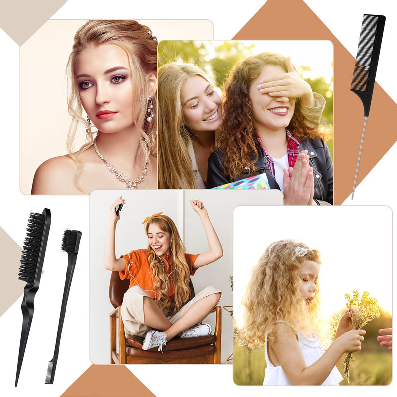 Fuyamp 3 Packs Slick Brush Set Teasing Brush Set, Plastic Bristle Hair Brush Teasing Comb Edge Hair Brush Grooming Combs Sturdy Rat Tail Comb Double Sided Edge Brush for Women Hair Salon Hair Slicking Black - NewNest Australia