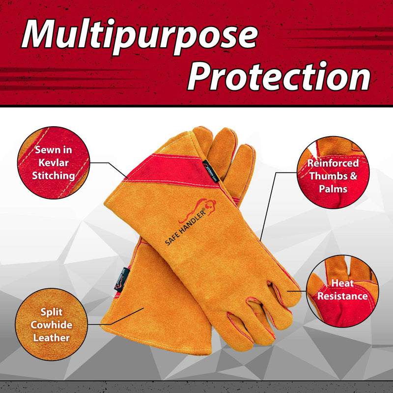 SAFE HANDLER Prime Welding Gloves with Kevlar Thread Protection | Reinforced Thumb and Palm, Heat Resistant for oven, MIG welding, TIG welder, Grill, Fireplace, BBQ, Animal Handling, 14 inch, 1 Pair - NewNest Australia