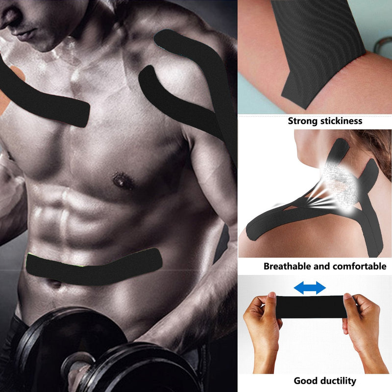 FOU Kinesiology Recovery Therapeutic Tape, Waterproof Muscle Support for Athlete,Sports Injury Tape 1 inch x 16.4 ft / 2.5cm x 5m Black 4 rolls - NewNest Australia