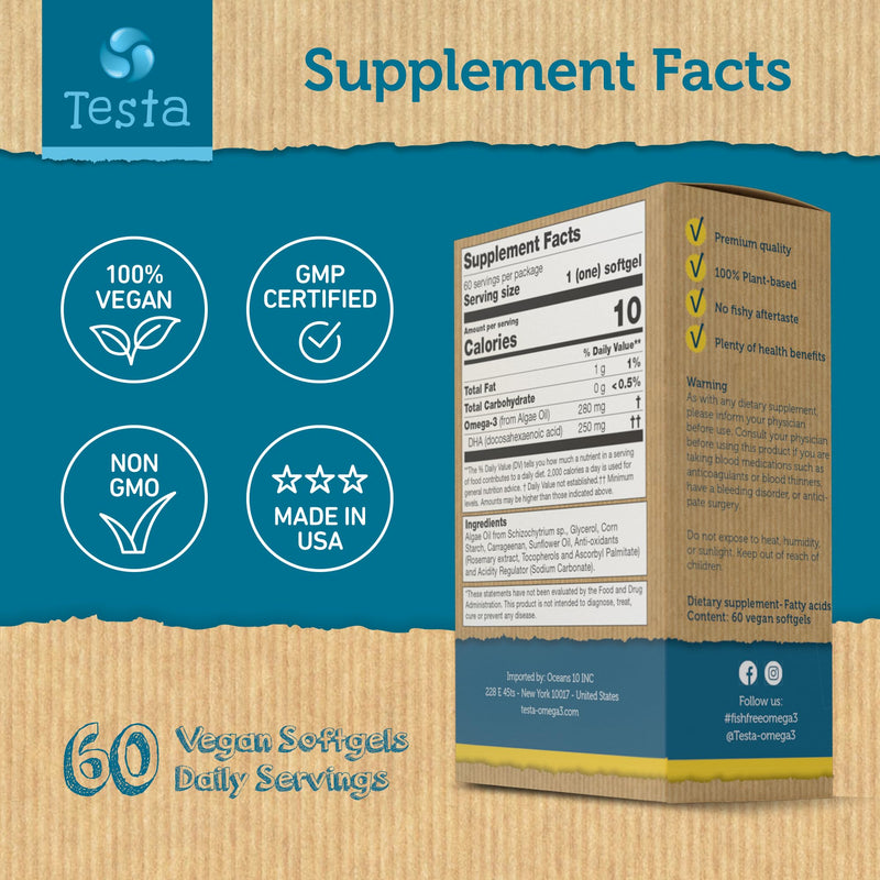 Testa Omega-3 Algae Oil - 250mg DHA - Vegetable Omega-3 - Pure and Vegan - Much Healthier than Fish Oil - 60 Capsules (1 Pack) - NewNest Australia