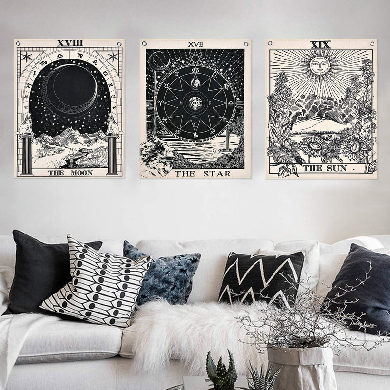 NewNest Australia - Likiyol Pack of 3 Tarot Tapestry The Sun The Moon The Star Tarot Card Tapestry with Rustproof Grommets, Seamless Nails (Black White, 11.8 x 15.7 inches) Black White 11.8" x 15.7" 