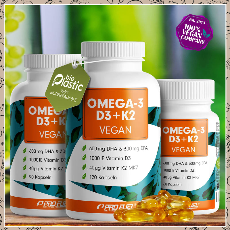 Omega-3 vegan + D3 & K2 (90x), 1100mg algae oil with 600mg DHA & 300mg EPA + 1000 IU vitamin D3 + 40 µg vitamin K2 - O3 D3 K2 vegan Essentials - Omega-3 capsules high dosage, bioavailable & laboratory tested 90 pieces (1 pack Pack) - NewNest Australia