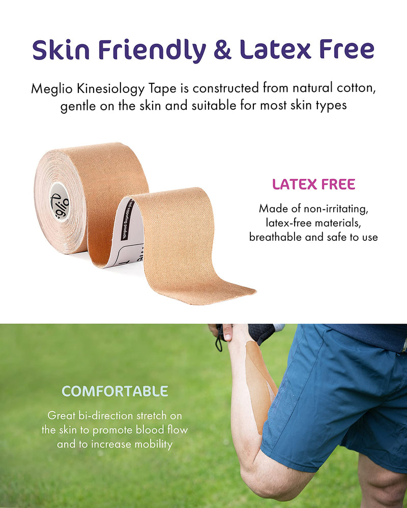 Meglio Kinesiology Tape - Uncut 5 Metre Roll - Therapeutic and Hypoallergenic - For Muscle Support & Sports Injury Recovery - Breathable & Waterproof - Knee, Ankle, & Wrist - Long Lasting Adhesive Beige - NewNest Australia