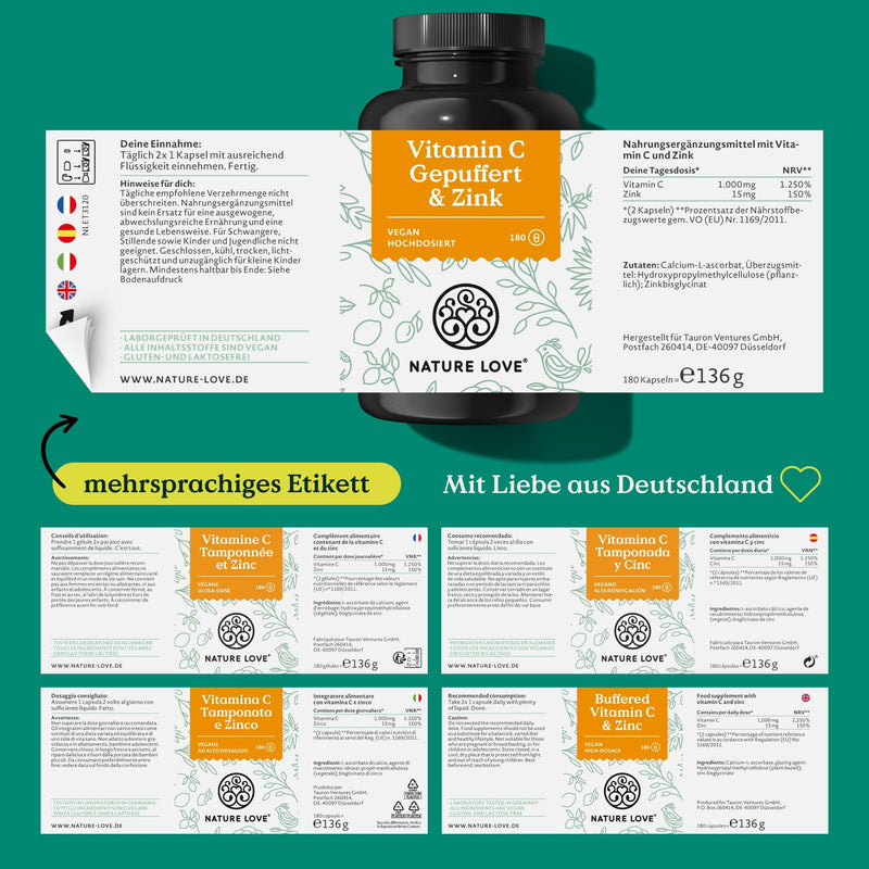 NATURE LOVE® Vitamin C Buffered & Zinc - 180 capsules - high dosage: 1,000 mg vitamin C + 15 mg zinc - fermentation of corn, pH-neutral, acid-free - laboratory tested, vegan and produced in Germany - NewNest Australia