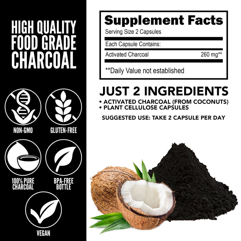 Yerba Prima Activated Coconut Charcoal, 60 Capsules - Natural Detox Cleanse - Vegetarian, Vegan, Gluten Free, Non GMO - NewNest Australia