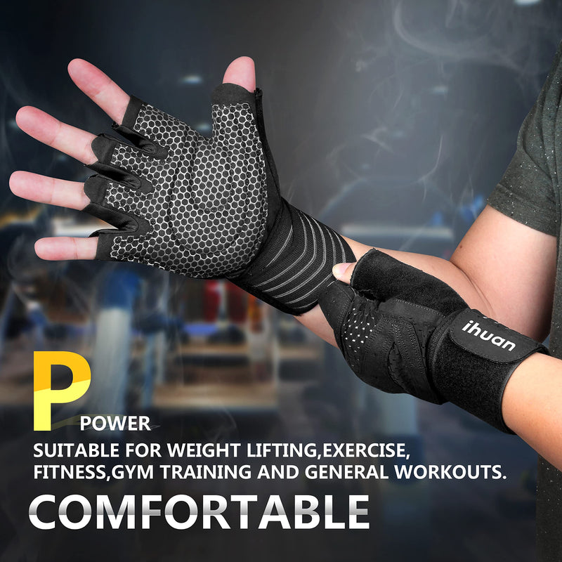 ihuan Ventilated Weight Lifting Gym Workout Gloves with Wrist Wrap Support for Men & Women, Full Palm Protection, for Weightlifting, Training, Fitness, Hanging, Pull ups Black Large - NewNest Australia