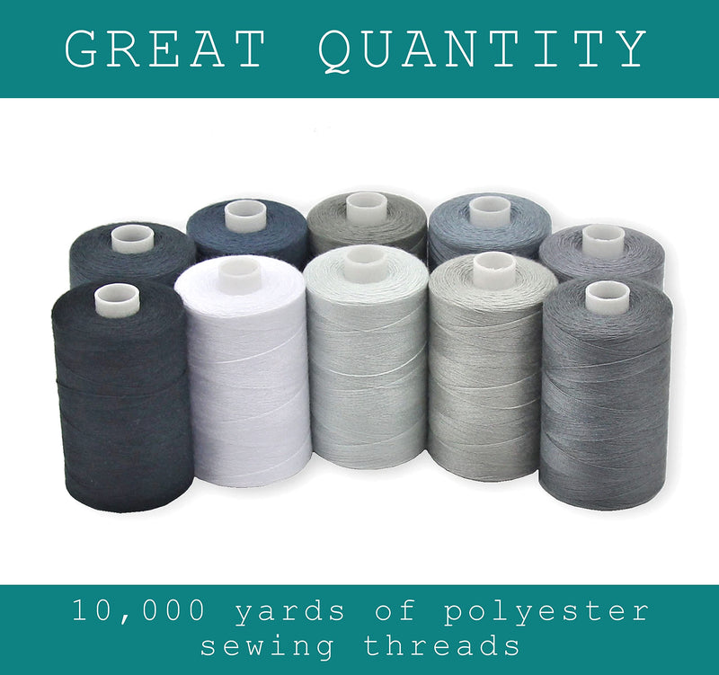 BlesSew Gray Sewing Threads - 10 Large Spools of Polyester Thread for Hand, Quilting & Sewing Machine - Grey Shades Plus Black & White - 1000 Yards Per Spool Balance - NewNest Australia