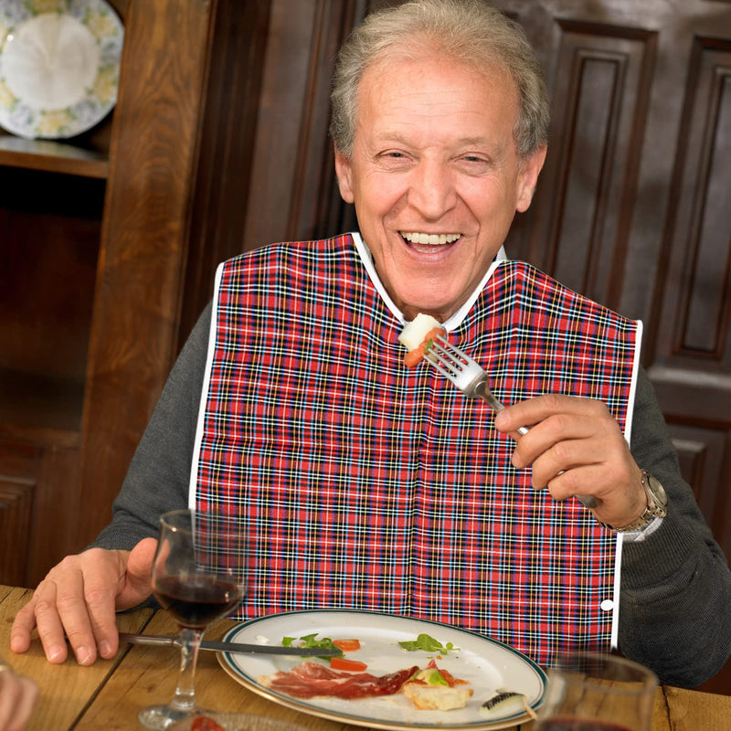 2 Pack Adult Eating Bibs With Optional Collection Container Disability Aid Waterproof Bibs Clothing Protector - Long Washable Reusable For Seniors And Olders, Blue, Red, L - NewNest Australia