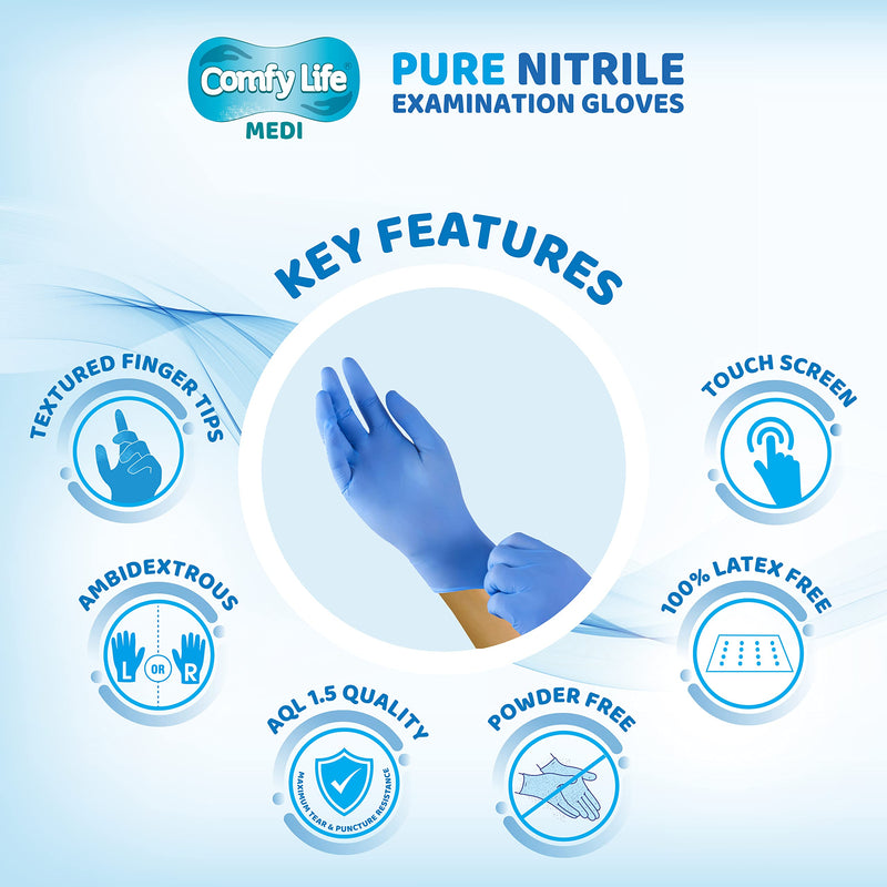 Comfy Life MEDI Pure Nitrile Gloves Premium Medical Grade EN455 EN374 Virus & Chemical Tested AQL 1.5 Powder Free Disposable Examination Gloves Food Safe Latex Free Security PPE Pack of 100 Medium - NewNest Australia