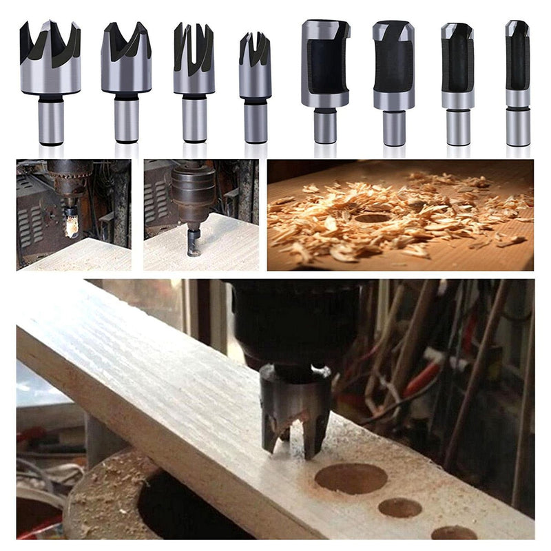 Rocaris 8pcs Wood Plug Cutter Drill Bit Set Straight and Tapered Taper 5/8" 1/2" 3/8" 1/4" Cutting Tool Cork Drill Bit Knife - NewNest Australia