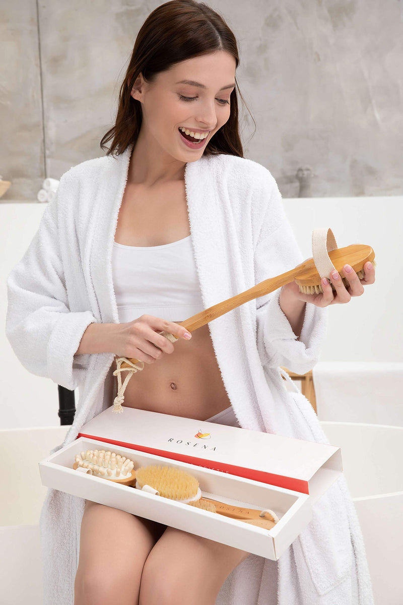 Dry Brushing Body Brush Set - Best for Cellulite, Lymphatic Drainage & Skin Exfoliating - Natural Bristle Spa Kit - Long Handle Back Scrubber, Massager & Face Exfoliator for Radiant Skin - NewNest Australia