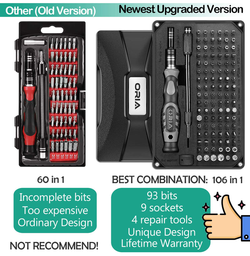 ORIA Precision Screwdriver Set (Newest) 106 in 1 with 102 Bits Magnetic Torx Screwdriver kit with Case Professional Repair Tool with Magnetizer for Electronics PC iPhone iPad Watch Jewelers Black - NewNest Australia