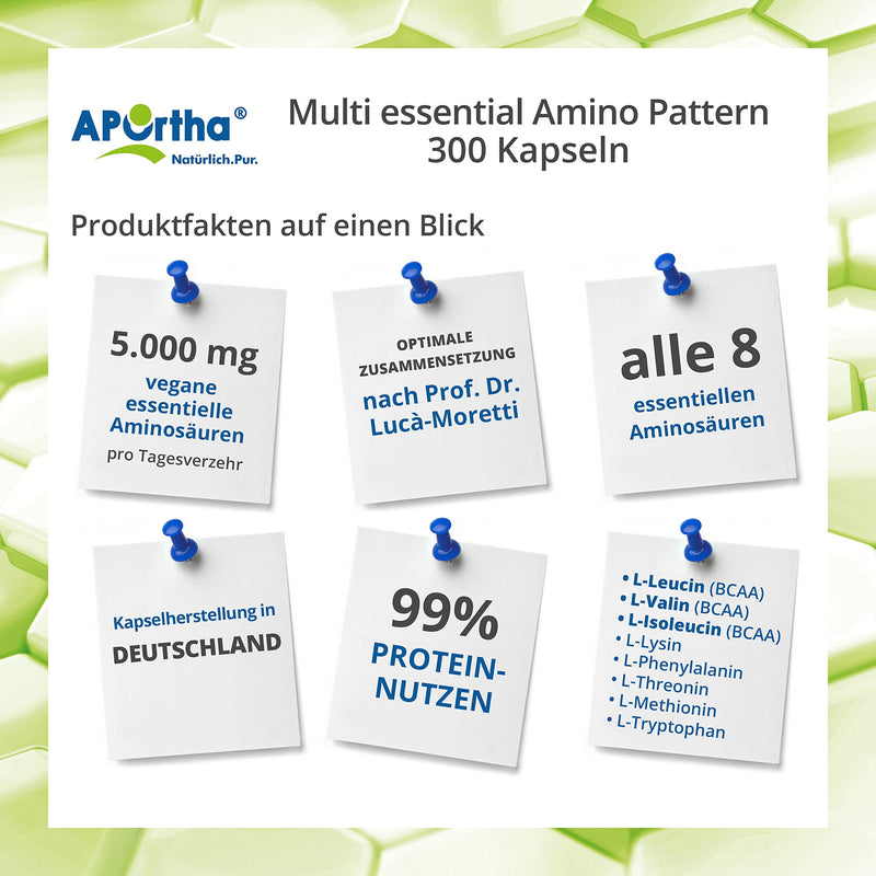 Aportha Multi Essential Amino Pattern I 300 Capsules With 8 Essential Amino Acids According To Prof. Dr. Luc√†-Moretti For Optimized Protein Supply, Amino Acids Complex High Dose Eaa Vegan - NewNest Australia