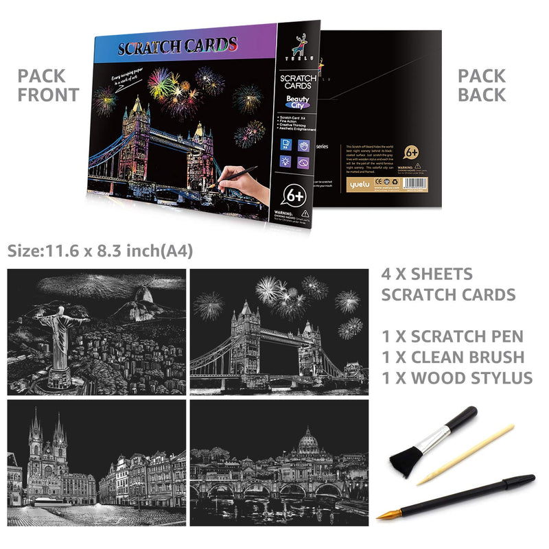 MIASTAR Scratch & Sketch Art for Kids & Adults, Rainbow Painting Night View Scratchboard(A4), Art & Craft, 4 Sheets Scratch Cards & Drawing Pen, Clean Brush (Beautiful City) Beautiful City - NewNest Australia