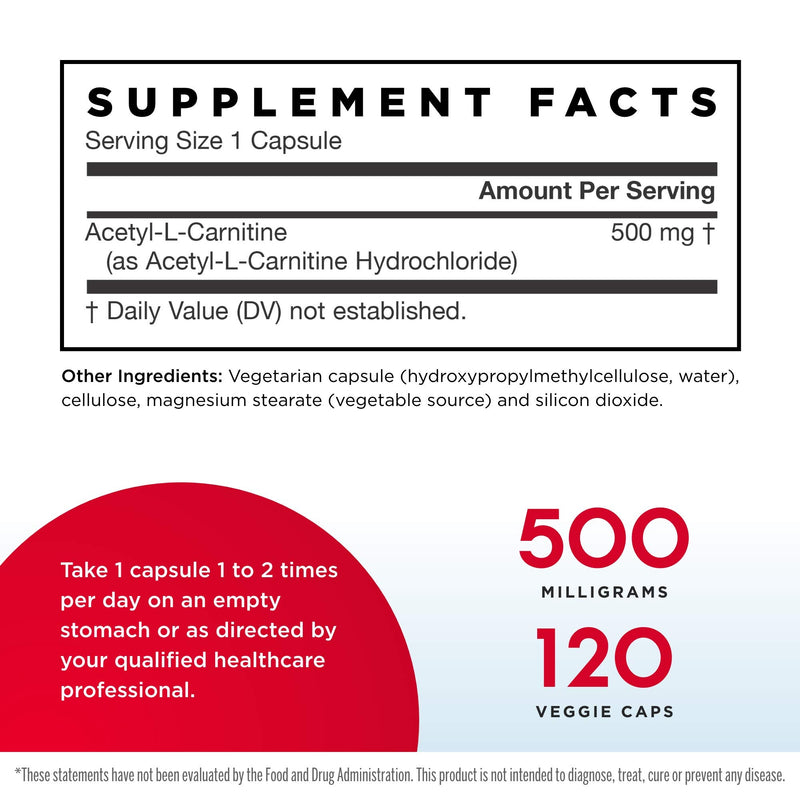 Jarrow Formulas Acetyl L-Carnitine 500 mg - 120 Veggie Caps - Antioxidant Protection for the Brain - Supports Energy Production & Metabolism - Heart & Cardiovascular Health - Up to 120 Servings 120 Count (Pack of 1) - NewNest Australia