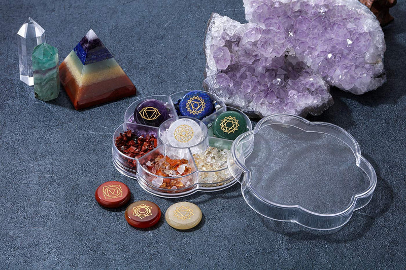 JOVIVI Chakra Crystals and Gemstones Healing Reiki Tumbled Chip Stones Set for Meditation,Yoga,Worry Stones,Relaxation,Decor (7pcs Engraved Chakra Stones + Natural Tumblestones) - NewNest Australia