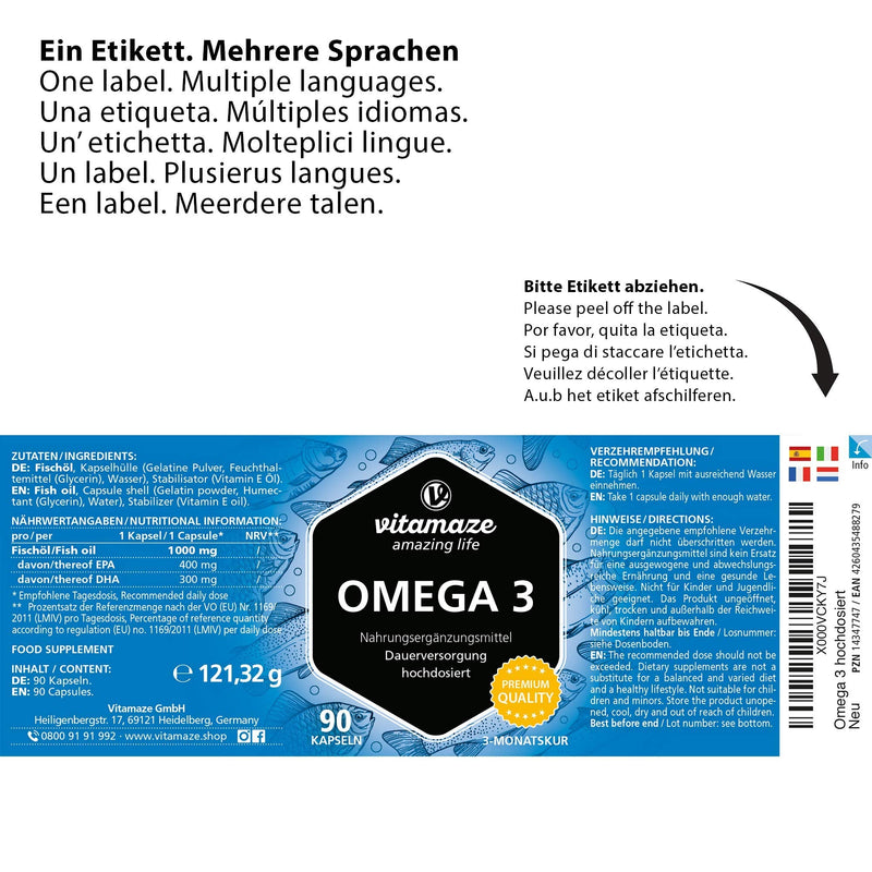 Omega 3 capsules high dose, 1 capsule per day, 1000 mg pure fish oil with 400 mg (40%) EPA & 300 mg (30%) DHA for 3 months, sustainable fishing, highest bioavailability, Made in Germany - NewNest Australia