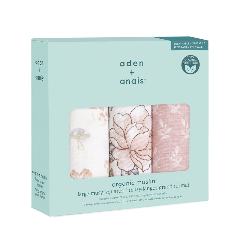 aden + anais 100% Organic cotton Musy square, GOTS Certified, Musy Squares, Multi-use Baby Cloths for Girls & Boys, 70x70cm, Ideal Newborn & Infant Nursing Set, Perfect Shower Gifts, 3 Pack, earthly Earthly (Pink) - NewNest Australia