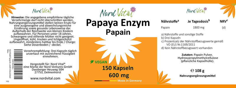 Papaya Enzymes - High Dose! - 150 Capsules - 1800 Mg Papain Per Daily Dose - 6 Million Units/G Enzyme Activity - Vegan - Natural Enzyme From Papaya Extract - German Production - NewNest Australia