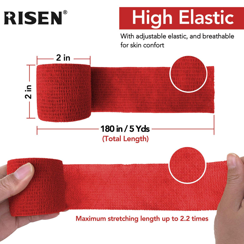 RISEN Cohesive Bandage 2” x 5 Yards, 6 Rolls, Self Adherent Wrap Medical Tape, Adhesive Flexible Breathable First Aid Gauze Ideal for Stretch Athletic, Ankle Sprains & Swelling, Sports(Red) Red - NewNest Australia