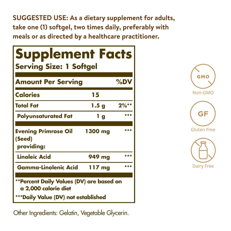 Solgar Evening Primrose Oil 1300 mg, 60 Softgels - Pack of 2 - Promotes Healthy Skin & Cardiovascular Health - Nutritional Support for Women - Non-GMO, Gluten Free, Dairy Free - 120 Servings 60 Count (Pack of 2) - NewNest Australia