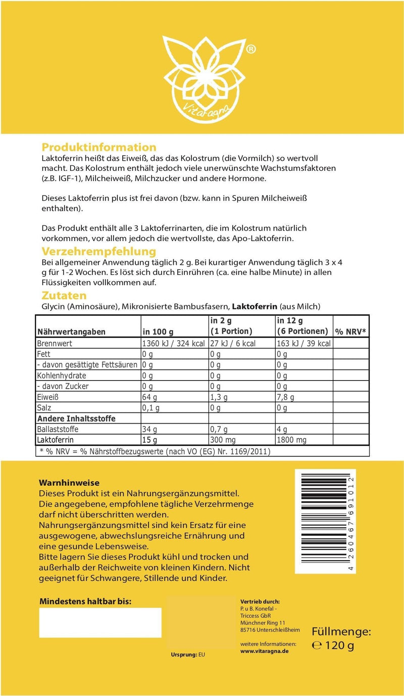 Vitaragna Lactoferrin Powder Plus, 120 G, Colostrum Or Colostrum Also For Adults With Apo-Lactoferrin, Glycine And Micronized Bamboo Fibers, High Bioavailability And Compatibility - NewNest Australia