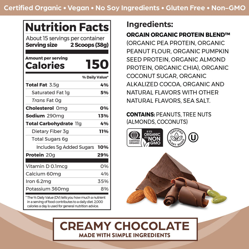 Orgain Simple Organic Plant Protein Powder, Chocolate - 20g of Protein, Vegan, Made with Fewer Ingredients and Without Dairy, Gluten and Stevia, Kosher, Non-GMO, 1.25 Lb (Packaging May Vary) - NewNest Australia