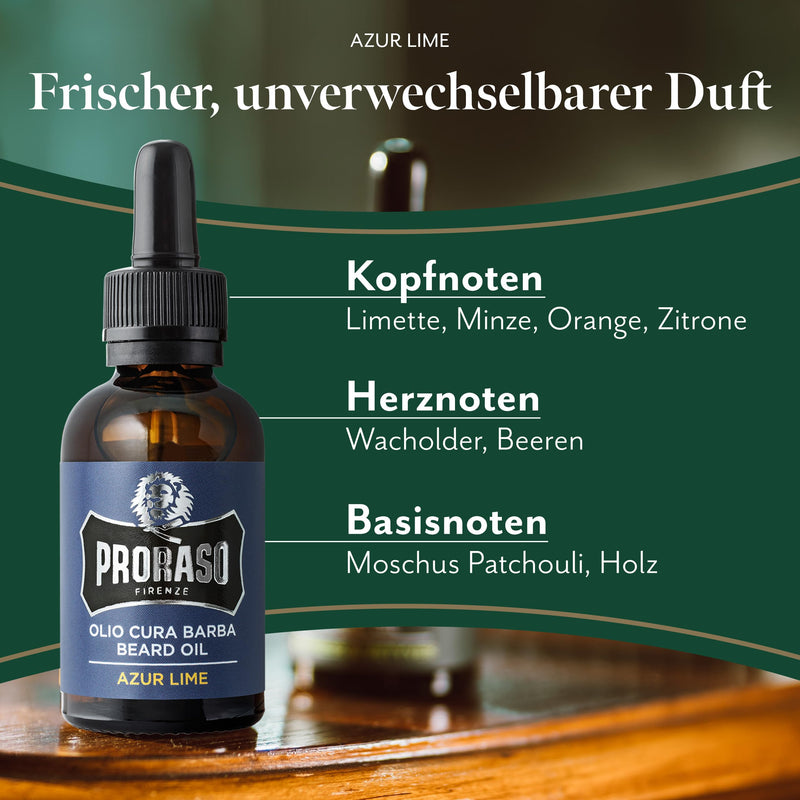Proraso Beard Oil Azur Lime, 30 ml, beard oil with a fresh, woody scent, beard softener nourishes skin and hair and protects beard hair, Made in Italy, aloe - NewNest Australia