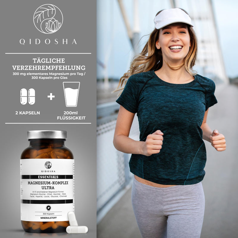 QIDOSHA® Magnesium Complex Capsules, 300 pieces in a pharmacy jar, 9 organic magnesium forms with complementary key effects as a full spectrum magnesium, 300mg elemental magnesium/daily portion - NewNest Australia