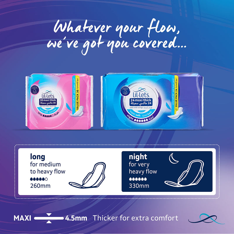 Lil-Lets Maxi Thick Period Pads X 24 | Night Absorbency| with Wings | 1 Pack of 24 Maxi Pads | for Very Heavy/Extra Heavy Overnight Flow | Unscented | Super Soft Cover - NewNest Australia