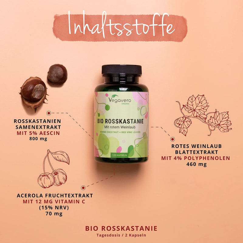 Horse Chestnut Extract Capsules Vegavero | 100% Organic | 800 Mg Extract With Grape Leaves & Natural Vitamin C | 120 Capsules | Aescin & Polyphenols | Veins Capsules | Vegan & Without Additives - NewNest Australia