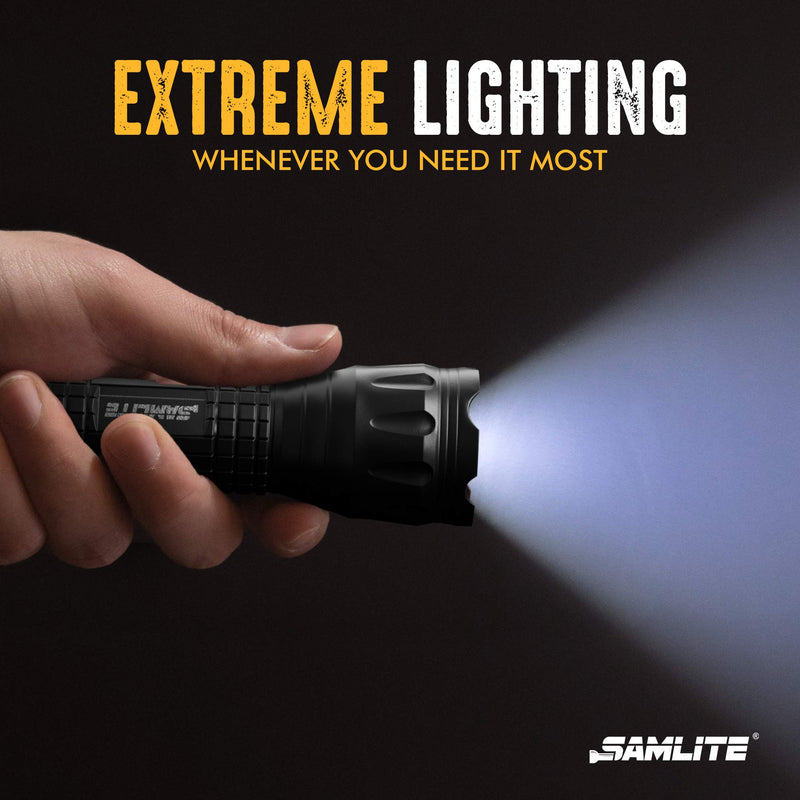 SAMLITE- LED Tactical Flashlight With 5 Options, Bright LED Light, Laser Pointer, UV Blacklight, Green Light and Magnetic Bottom - Water Resistant - (3 AAA Batteries Included) - NewNest Australia