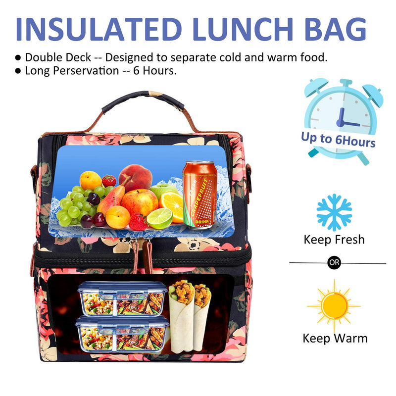 NewNest Australia - LOKASS Lunch Bags for Women Double Deck Insulated Lunch Box Large Cooler Tote Bag with Removable Shoulder Strap Wide Open Thermal Meal Prep Lunch Organizer Box for Adults/Work/Outdoor, Black Peony 