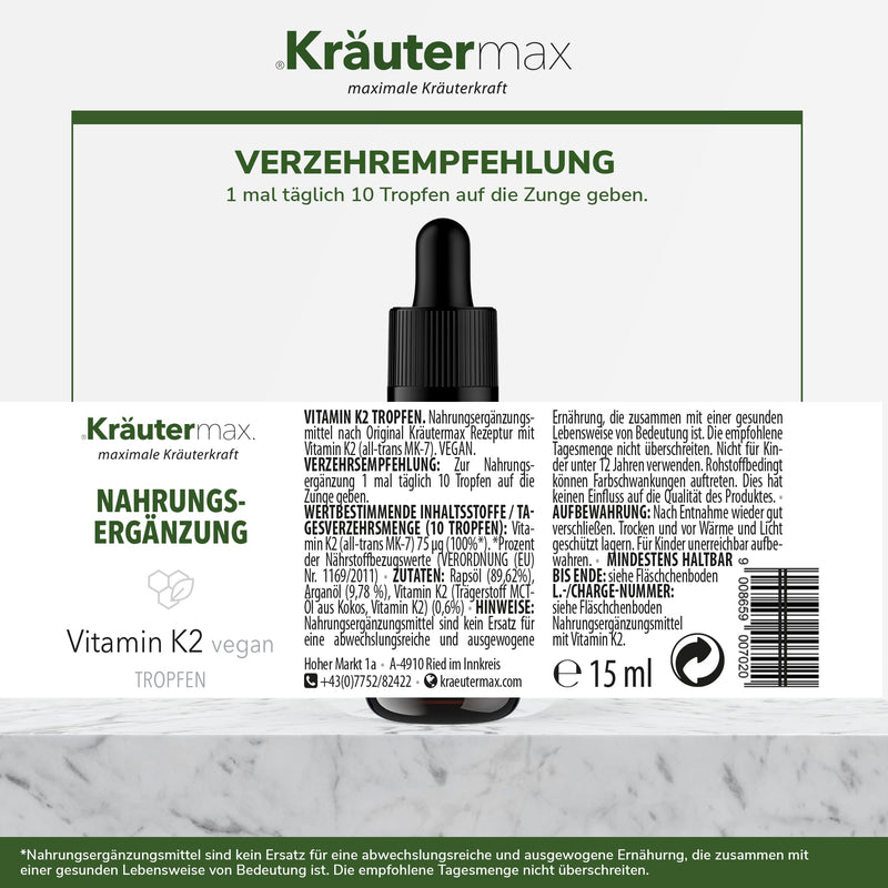 Kr√§Utermax Vitamin K2 Drops Mk7 All Trans Vitamin K2 High Dose Vitamin K2 Liquid With Highest Bioavailability K2 Drops High Dose According To Kr√§Utermax Original Formula 1 X 15 Ml - NewNest Australia