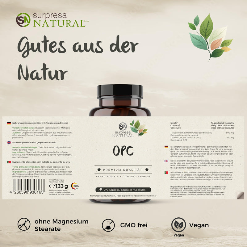 OPC grape seed extract 270 capsules - 135 day supply 800 mg per daily dose - made from French grapes, produced in Germany & laboratory tested, vegan 270 pieces (pack of 1) - NewNest Australia