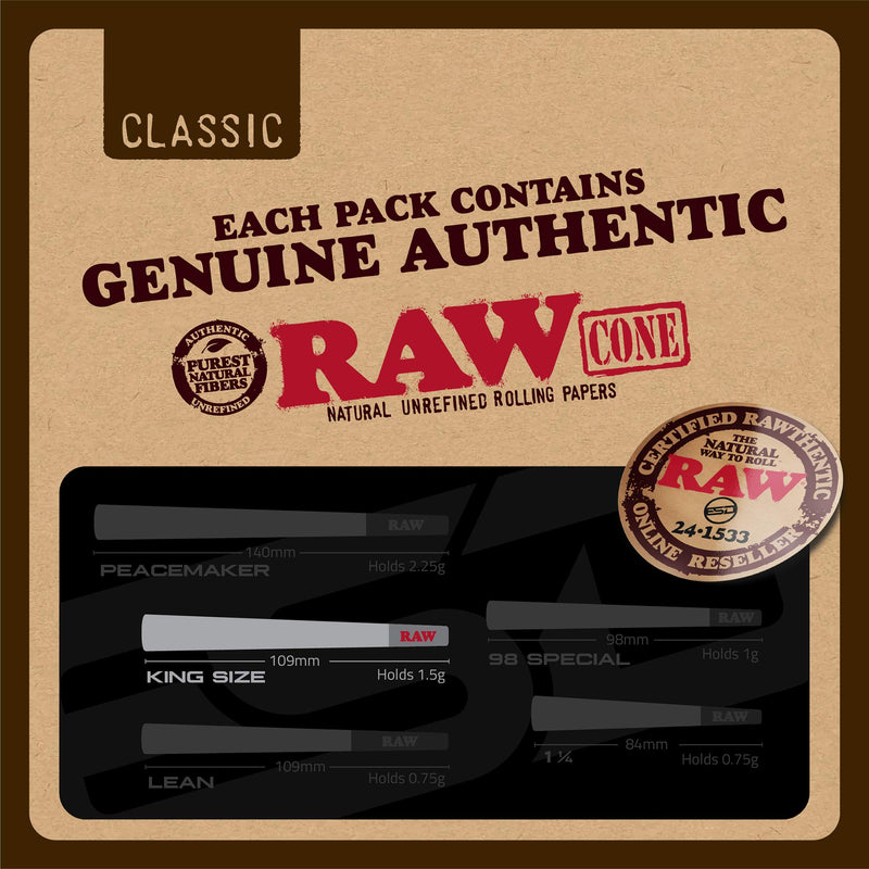 RAW Cones Classic King Size | 100 Pack | Natural Pre Rolled Paper with Tips and Packing Sticks Included - NewNest Australia