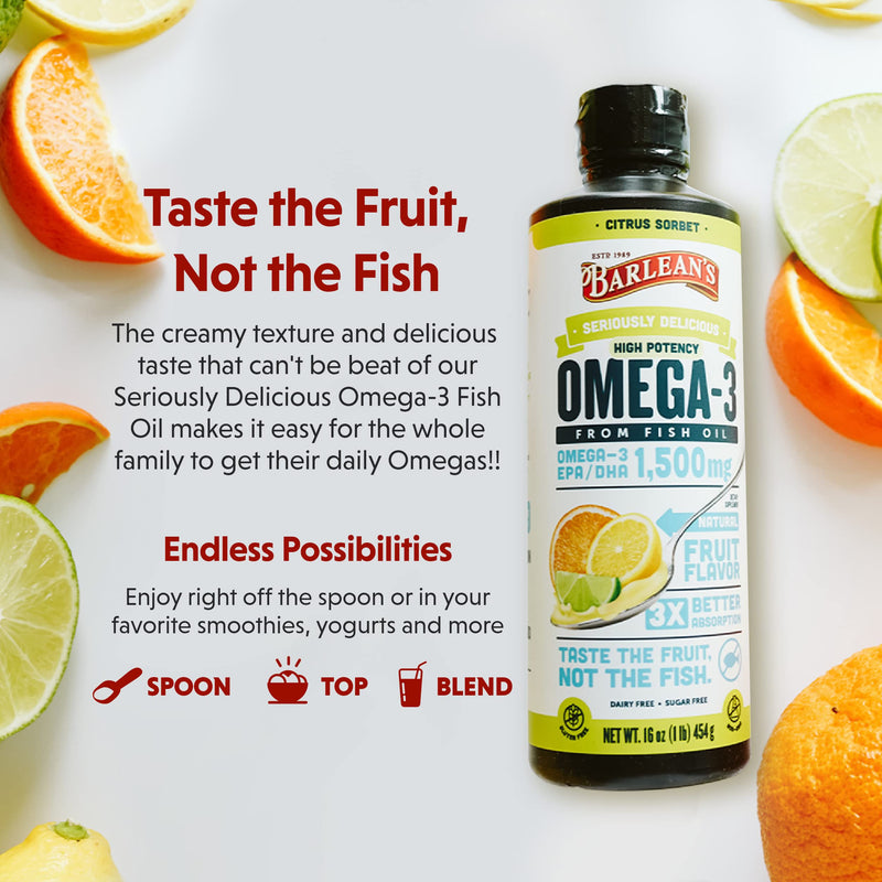 Barlean's Citrus Sorbet High Potency Omega 3 Fish Oil Liquid Supplement, 1500mg of EPA & DHA Fatty Acid, Smoothie Flavored & Burpless for Brain, Joint, & Heart Health, 16 oz - NewNest Australia