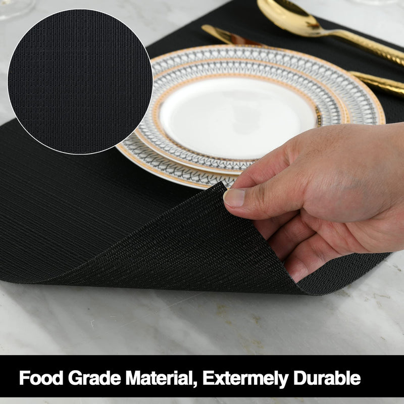 SLKQG Black Placemats Set of 4 - Easy Clean Washable Vinyl Placemats - Wipeable Heat Proof Non-Slip Table Mats for Dining Table - 17x12 Inch (Black, 4) - NewNest Australia
