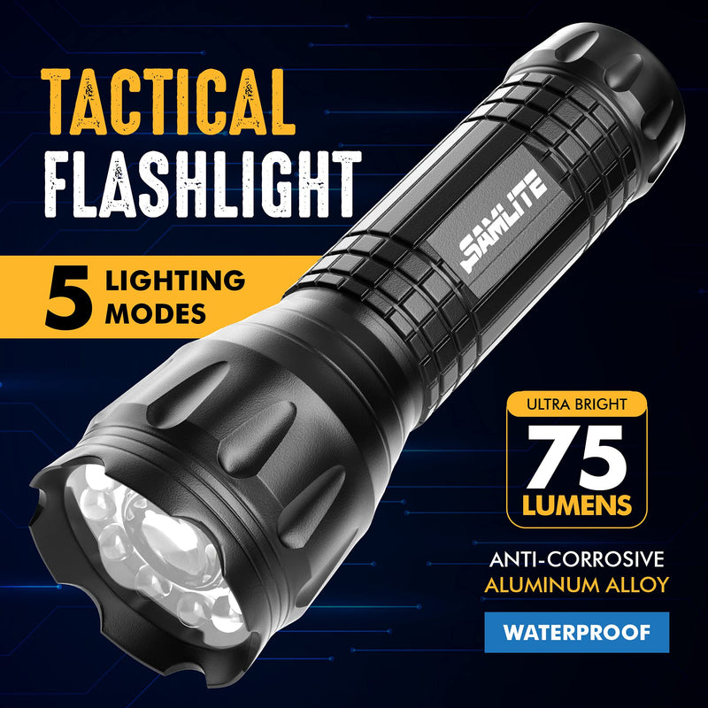 SAMLITE- LED Tactical Flashlight With 5 Options, Bright LED Light, Laser Pointer, UV Blacklight, Green Light and Magnetic Bottom - Water Resistant - (3 AAA Batteries Included) - NewNest Australia