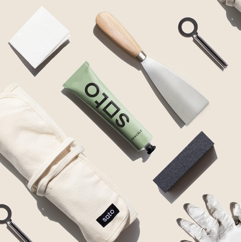 soto Premium SPACKLE 7-Piece KIT. Includes: Spackle, Key, Knife, Sandpaper, Gloves, Towel, Cotton Tool Storage Case. Use on: Walls, Ceiling, Furniture, Cabinets (No. 01 Perfect White) No. 01 Perfect White - NewNest Australia
