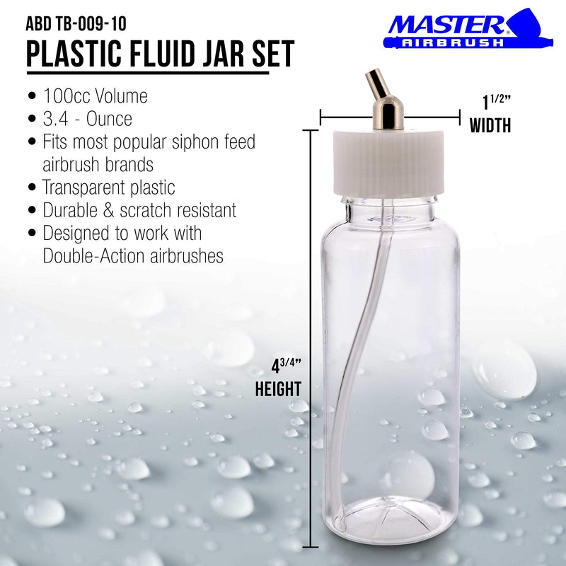 Master Airbrush (Pack of 10) TB-009 Empty 3.4-Ounce (100cc) Plastic Jar Bottles with 30° Down Angle Adaptor Lid Assembly - Fits Dual-Action Siphon Feed Airbrushes, Use with Master Badger Paasche Iwata - NewNest Australia