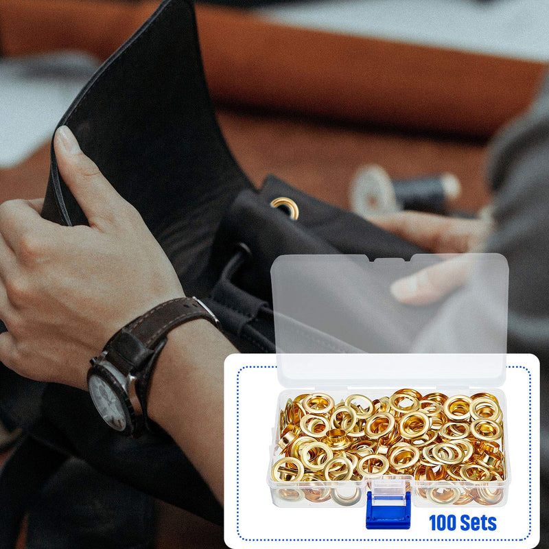 Pangda Grommet Tool Kit, Grommet Setting Tool and 100 Sets Grommets Eyelets with Storage Box (Gold, 1/2 Inch Inside Diameter) 1/ 2 Inch Inside Diameter Gold - NewNest Australia